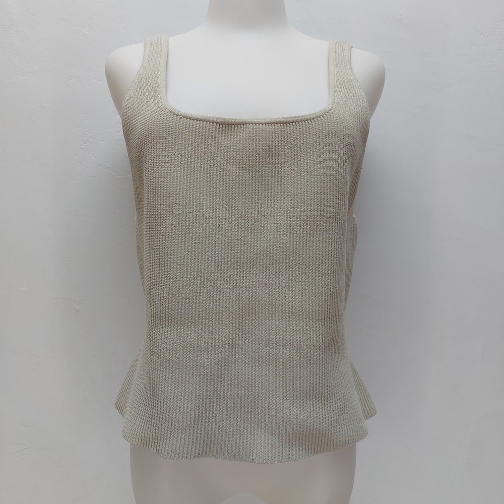 Babaton Knit Tank Top Women's XL Beige Square Neck Ribbed Peplum Chic Minimalist